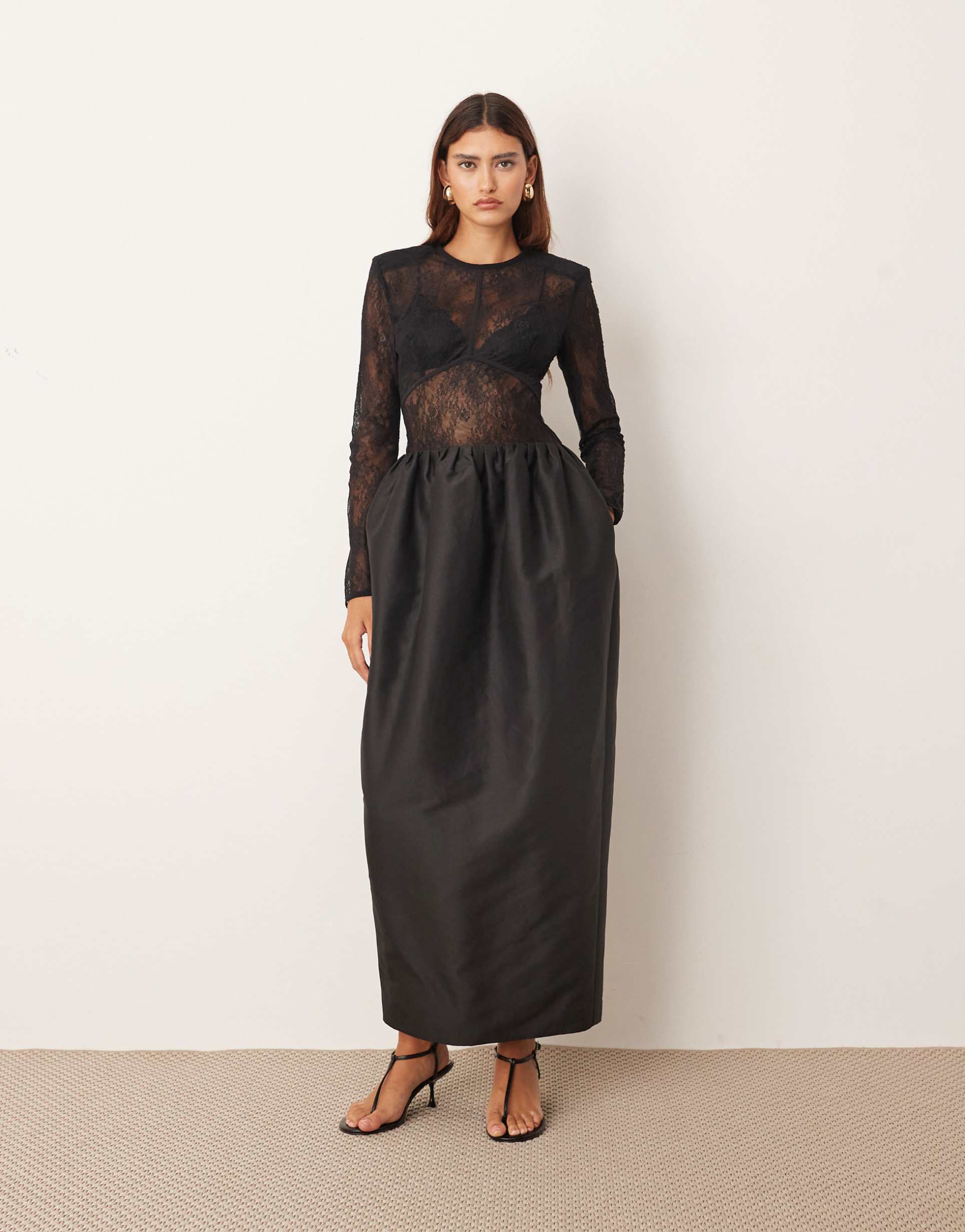 arrange long sleeve lace and bonded satin maxi dress in black