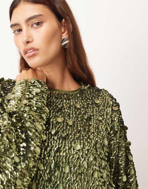 ARRANGE long sleeve square cut top in molten khaki green sequins, 3 of 4