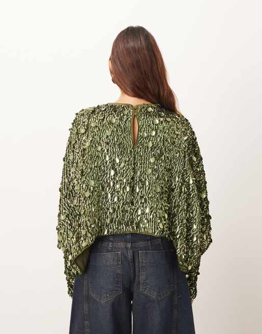 ARRANGE long sleeve square cut top in molten khaki sequin, 4 of 4