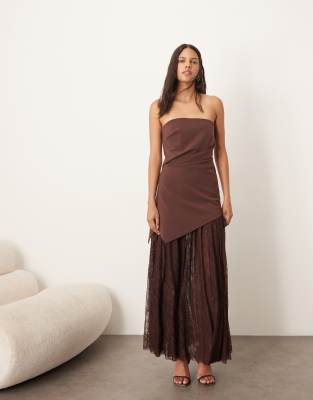 Arrange Longline Asymmetric Bandeau Maxi Dress With Lace Skirt In Brown