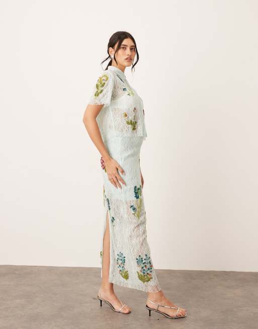 ARRANGE - Lyseblå og cropped skjorte i blondemateriale med blomsterudsmykning - Del af sæt, 2 af 4