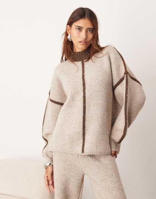 ARRANGE - Maglione accollato a coste spesse color avena e cioccolato in coordinato