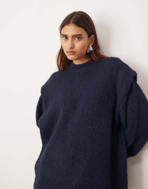 ARRANGE - Maglione color blu navy a coste con spalle imbottite - view 1