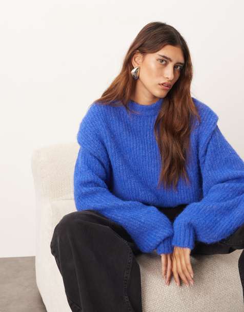 ARRANGE - Maglione lavorato color blu cobalto a coste con spalle imbottite - view 1