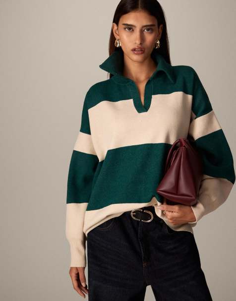 ARRANGE - Maglione oversize a righe avorio e verde bosco con colletto in maglia stile rugby - view 1
