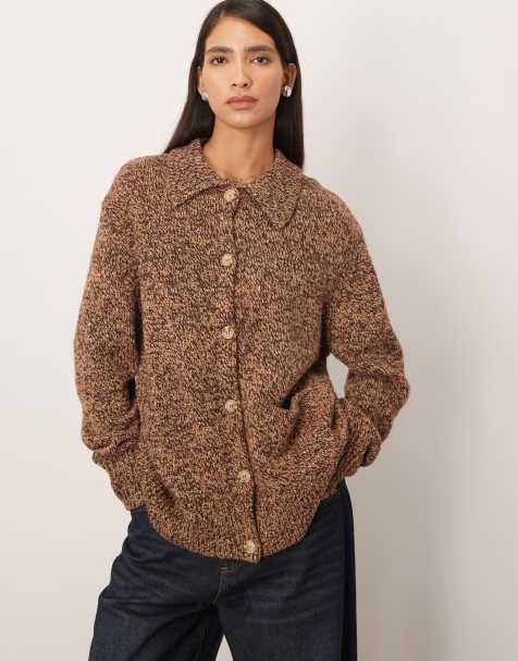 ARRANGE marl knit merino rich boyfriend cardigan in light chocolate - view 1