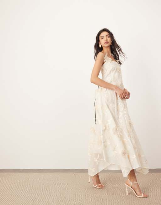 ARRANGE - Maxi cami-jurk met spiegel-applicaties en geborduurde bloemen in gebroken wit