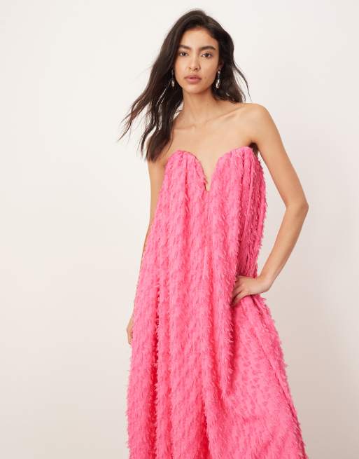 ARRANGE - Maxi jurk met bandeau, volume en textuur in felroze, 2 van 4