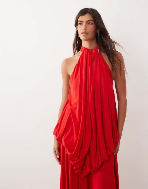 ARRANGE - Maxi jurk met blouson lijfje en halternek met lage rug in rood, 3 van 4
