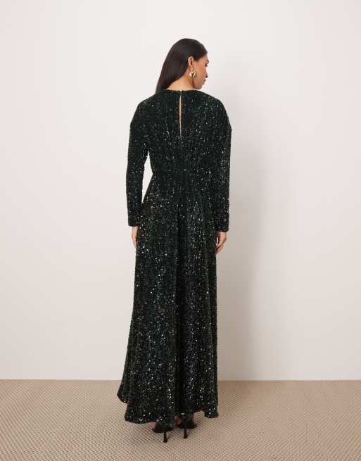 ARRANGE - Maxi jurk met lange mouwen en lovertjes in bosgroen, 3 van 4