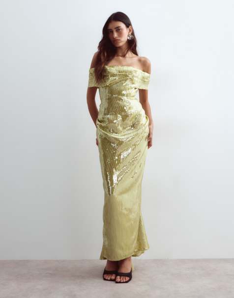 ARRANGE maxi jurk met lovertjes, gedrapeerd en bardot in limoengroen - view 1
