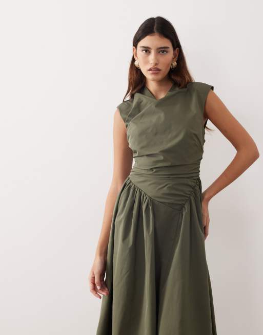ARRANGE - Maxi jurk met overslag en verlaagde taille in donker kaki, 2 van 4