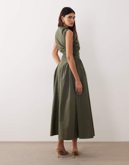 ARRANGE - Maxi jurk met overslag en verlaagde taille in donker kaki, 4 van 4