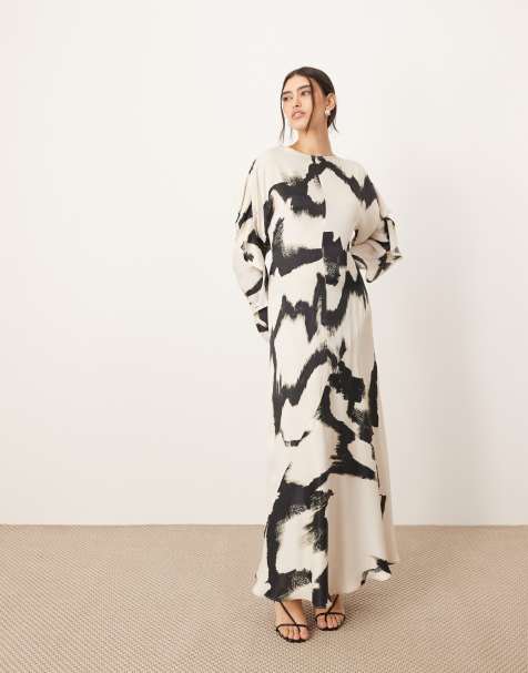 ARRANGE - Maxi-jurk met ruches en lange mouwen in zwart-witte abstracte print - view 1