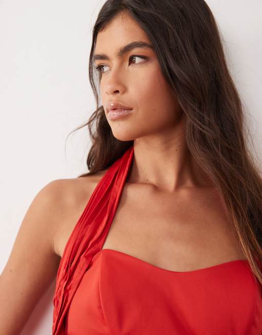 ARRANGE - Maxi jurk met structuur, halternek en sleep aan de achterkant in rood, 4 van 4