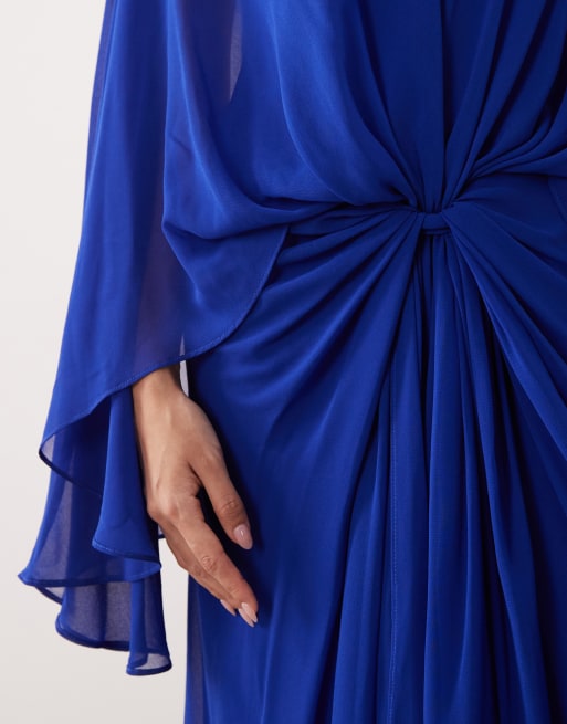 ARRANGE - Maxi jurk met verlaagde taille en gedrapeerde capemouwen in kobaltblauw, 3 van 4