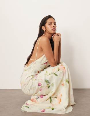ARRANGE - Maxi jurk van chiffon met open achterkant, drapering en gelaagde schilderachtige bloemenprint - view 1