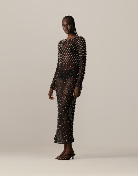 ARRANGE - Maxi jurk van mesh met versiering en lange mouwen in zwart - view 1