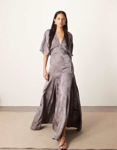 ARRANGE - Maxi-jurk van satijnen jacquard in moderne jaren 30-stijl met schoudervullingen in antracietgrijs - view 1