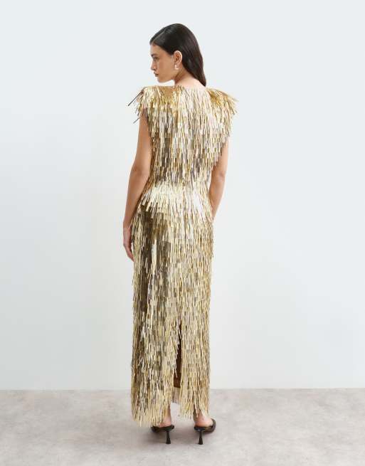 ARRANGE Maxi-Kleid mit Pailletten in Splitterform, markanten Schultern, in Gold, 5 von 5