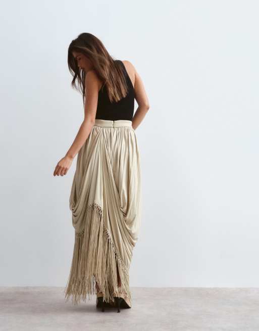 ARRANGE maxi rok met gedrapeerde franjerand in zachte kaki, 4 van 4