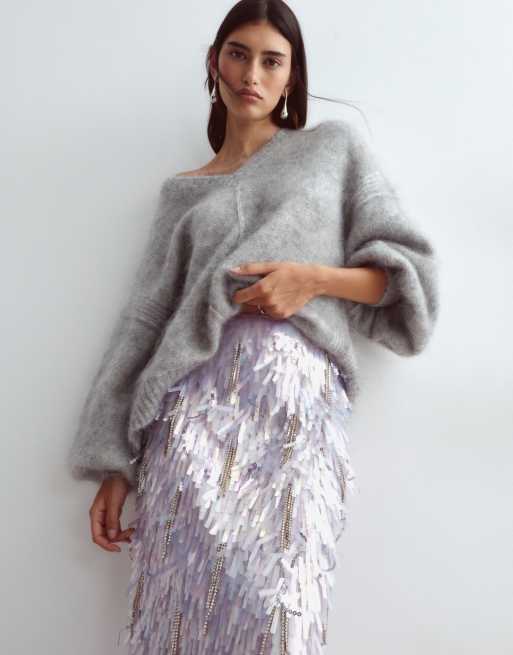 ARRANGE maxi rok met lovertjes, strass en franje in lila, 4 van 5