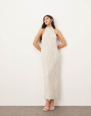 ARRANGE - Maxi-Säulenkleid in Weiß mit Neckholder und Perlen- und Kristallverzierung