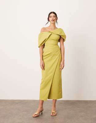 ARRANGE - Maxikleid aus Chartreuse mit Carmen-Ausschnitt, Falten und Wickeldetail-Bunt
