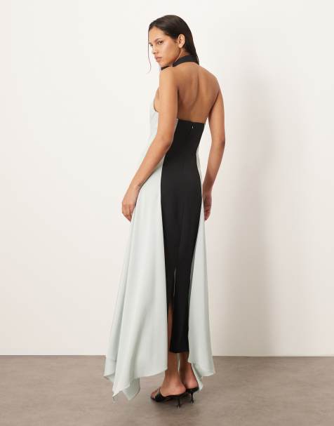 ARRANGE – Maxikleid aus Satin in Eisblau und Schwarz mit Neckholder und kontrastierendem Einsatz auf der Rückseite - view 1