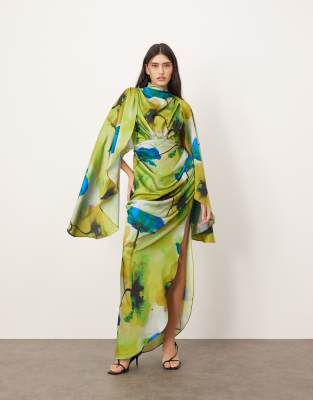 ARRANGE - Maxikleid aus Satin mit Blumenprint in Tintenblau, mit extremen Ärmeln und Raffungen-Bunt