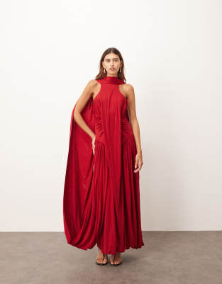 ARRANGE - Maxikleid in Burgunderrot mit Schalausschnitt, drapiertem Saum und Rückenausschnitt