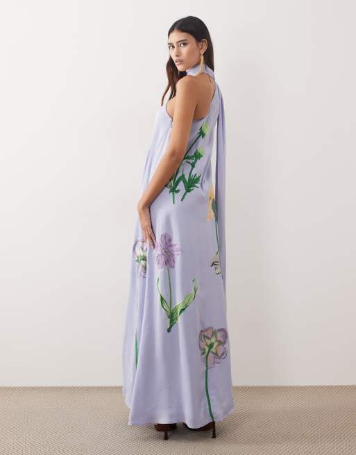 ARRANGE – Maxikleid in gedecktem Blau mit botanischem Blumenmuster, One-Shoulder-Träger und Stickerei, 4 von 4