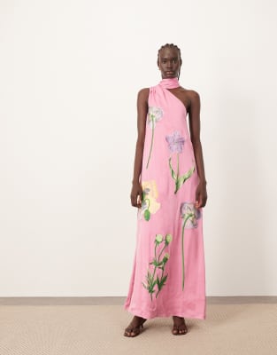 ARRANGE - Maxikleid in Rosa mit botanischem Blumenmuster, One-Shoulder-Träger und Stickerei