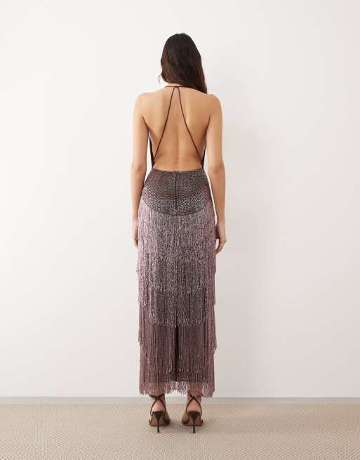 ARRANGE – Maxikleid in Schokobraun mit perlenbesetzten Fransen und tiefem Wasserfallausschnitt, 4 von 4