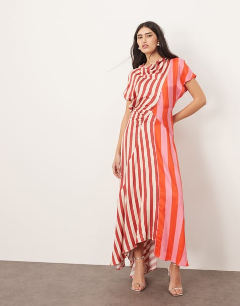 ARRANGE – Maxikleid mit Farbblock-Design und Streifen, Wasserfallausschnitt und asymmetrischem Saum - view 1