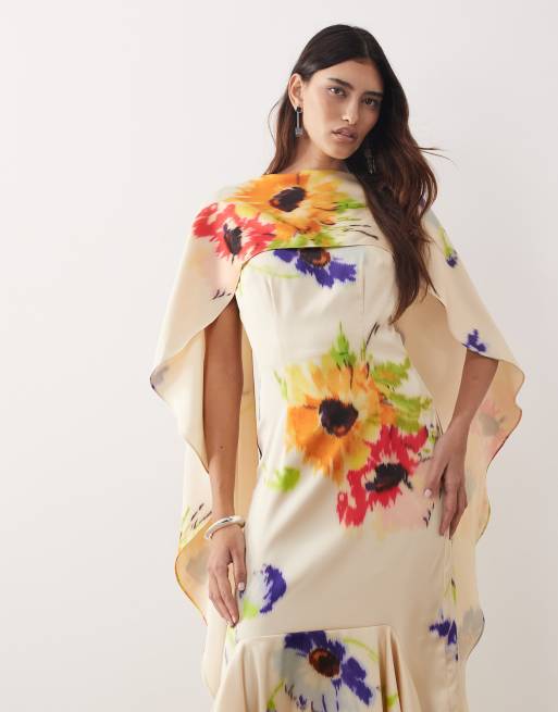 ARRANGE – Maxikleid mit Schalausschnitt, eckig geschnittenem Saum und verschwommenem Blumenmuster, 2 von 4