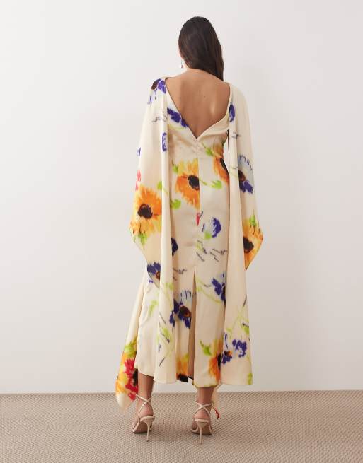 ARRANGE – Maxikleid mit Schalausschnitt, eckig geschnittenem Saum und verschwommenem Blumenmuster, 4 von 4