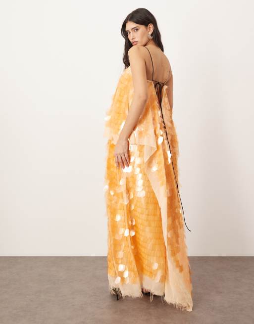 ARRANGE – Mehrlagiges, verziertes Maxi-Trägerkleid in Pfirsich mit Paillettensplittern, 4 von 4
