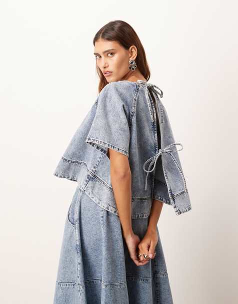 ARRANGE – Mellanblå, tvättad topp med korta ärmar och dekorativ söm - view 1