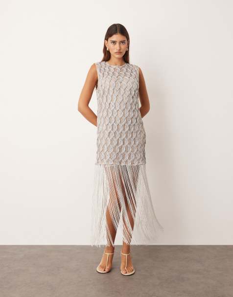ARRANGE lattice grid mini dress with fringe hem in metallic