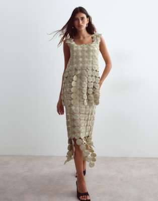 Arrange Metallic Circle Fringe Column Midi Dress In White