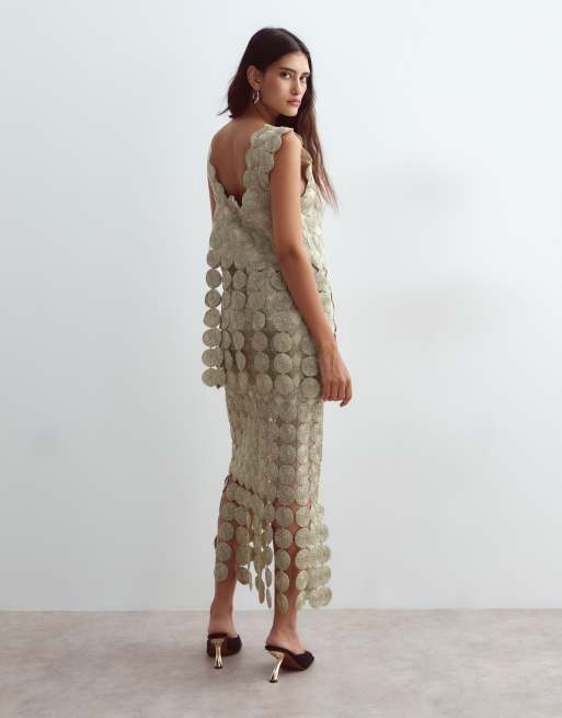 ARRANGE metallic circle fringe column midi dress in gold, 3 of 4