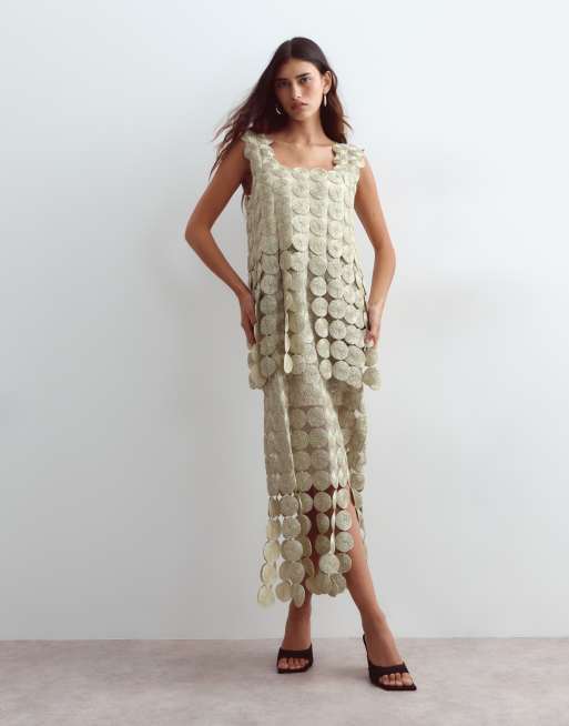 ARRANGE metallic circle fringe column midi dress in gold, 4 of 4