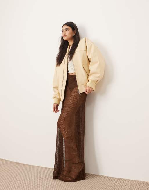 ARRANGE metallic knit sheer sweeping maxi skirt in chocolate, 3 of 5