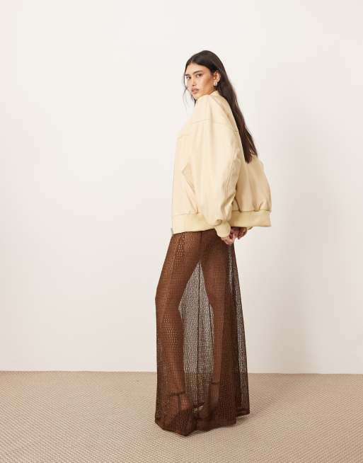 ARRANGE metallic knit sheer sweeping maxi skirt in chocolate, 4 of 5