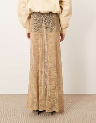 Arrange Metallic Knitted Sheer Sweeping Maxi Skirt In Gold