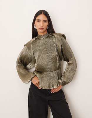 ARRANGE ARRANGE metallic pleat shoulder pad blouse in antique gold