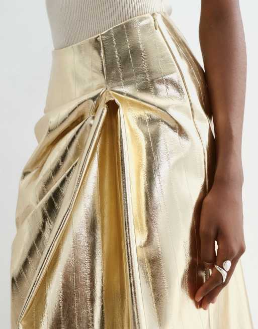 ARRANGE metallisk midikjol med drapering i sidan i guld, 2 av 5