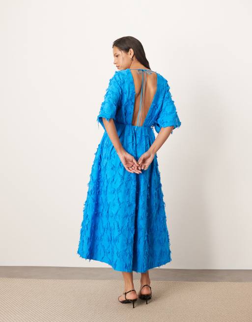 ARRANGE - Midi-jurk met textuur, gestrikte taille en plooien in de taille in felblauw, 3 van 4