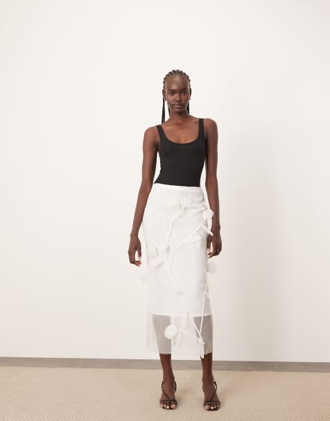 ARRANGE - Midi rok van organza met bloemenappliqué in wit - view 1